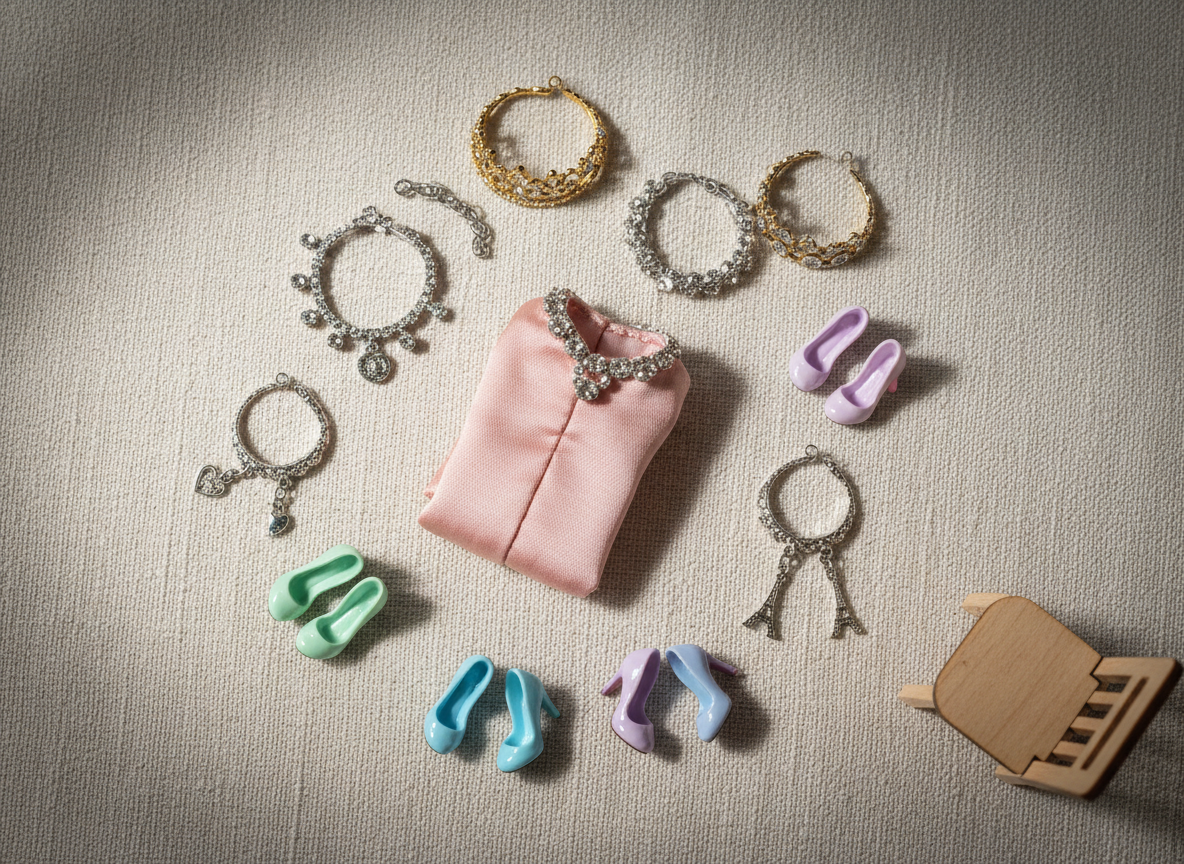 A meticulously arranged flatlay of miniature couture accessories sized for fashion dolls, displayed on a creamy linen backdrop. Tiny crystal-studded necklaces, silver charm bracelets, and gold filigree tiaras glimmer beside microscopic high-heeled shoes in glossy patent pastels. A folded doll-sized silk dress in blush pink anchors the composition, with a tiny eco-wood chair peeking in at the edge. Soft studio lighting from the left creates gentle highlights on metal and crystal, with velvety shadows adding dimension. Captured from a perfectly overhead, bird’s-eye view with shallow depth of field, the background blurs toward the corners, enhancing a playful yet sophisticated, photographic realism ideal for a portfolio homepage hero image.