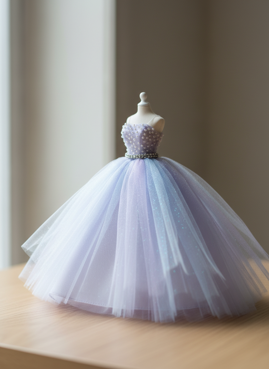 A close-up of an opulent miniature ball gown designed for a fashion doll, crafted from layers of iridescent tulle and satin in soft lavender and icy blue. Tiny hand-sewn seed pearls trace the bodice, and a crystal belt cinches the impossibly small waist. The dress stands on a minimalist white miniature dress form atop a pale oak tabletop. Diffused daylight from a nearby window washes the scene in a cool glow, catching sparkles in the crystals and soft folds in the skirt. Shot at eye level with a gentle three-quarter angle and shallow depth of field, the background fades into creamy bokeh, creating a dreamy, playful, high-end fashion editorial feel in photographic realism.
