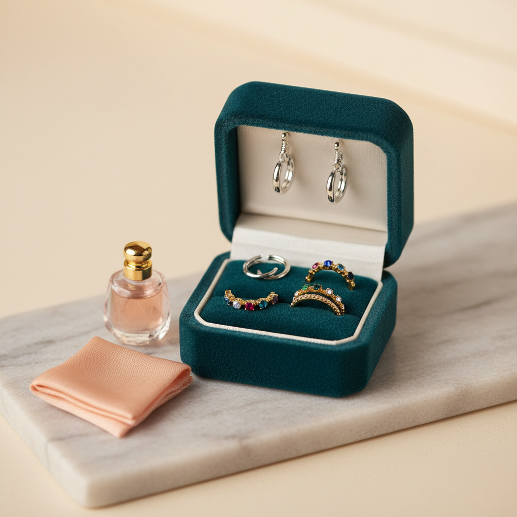 An elegant collection of miniature jewelry for fashion dolls displayed inside a tiny open velvet jewelry box the size of a matchbox. Inside, perfectly scaled silver hoop earrings, gold stacking rings with colored crystal ‘gemstones’, and a delicate layered necklace glint against deep teal velvet lining. A doll-sized glass perfume bottle and a folded silk handkerchief sit nearby on a pale marble slab. Soft, warm studio lighting from the right creates delicate highlights on polished metal and gemstone facets, casting tiny, crisp shadows that emphasize scale. Photographed from a slightly elevated three-quarter angle in photographic realism, the composition is tightly framed to feel intimate and treasure-like, with a playful, jewel-box atmosphere and creamy bokeh in the background.