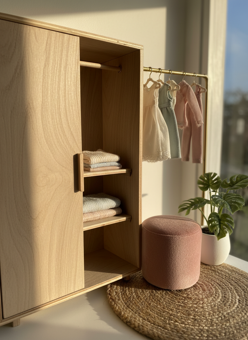 A whimsical eco mini furniture vignette featuring a doll-sized couture dressing area: a sleek, modern wardrobe made from light recycled wood, a tiny upholstered stool in dusty rose velvet, and a miniature clothing rack hung with micro garments on brass hangers. A doll-scale potted monstera in a white ceramic pot and a woven jute rug anchor the scene. Soft afternoon daylight streams in from an unseen window, creating long, gentle shadows and a cozy glow across the wood grain and fabric textures. Shot at eye level with a wide aperture, the focal point rests on the wardrobe’s open door revealing folded mini sweaters. The background softens into blur, emphasizing a playful, sustainable-luxury mood in clean, photographic realism.