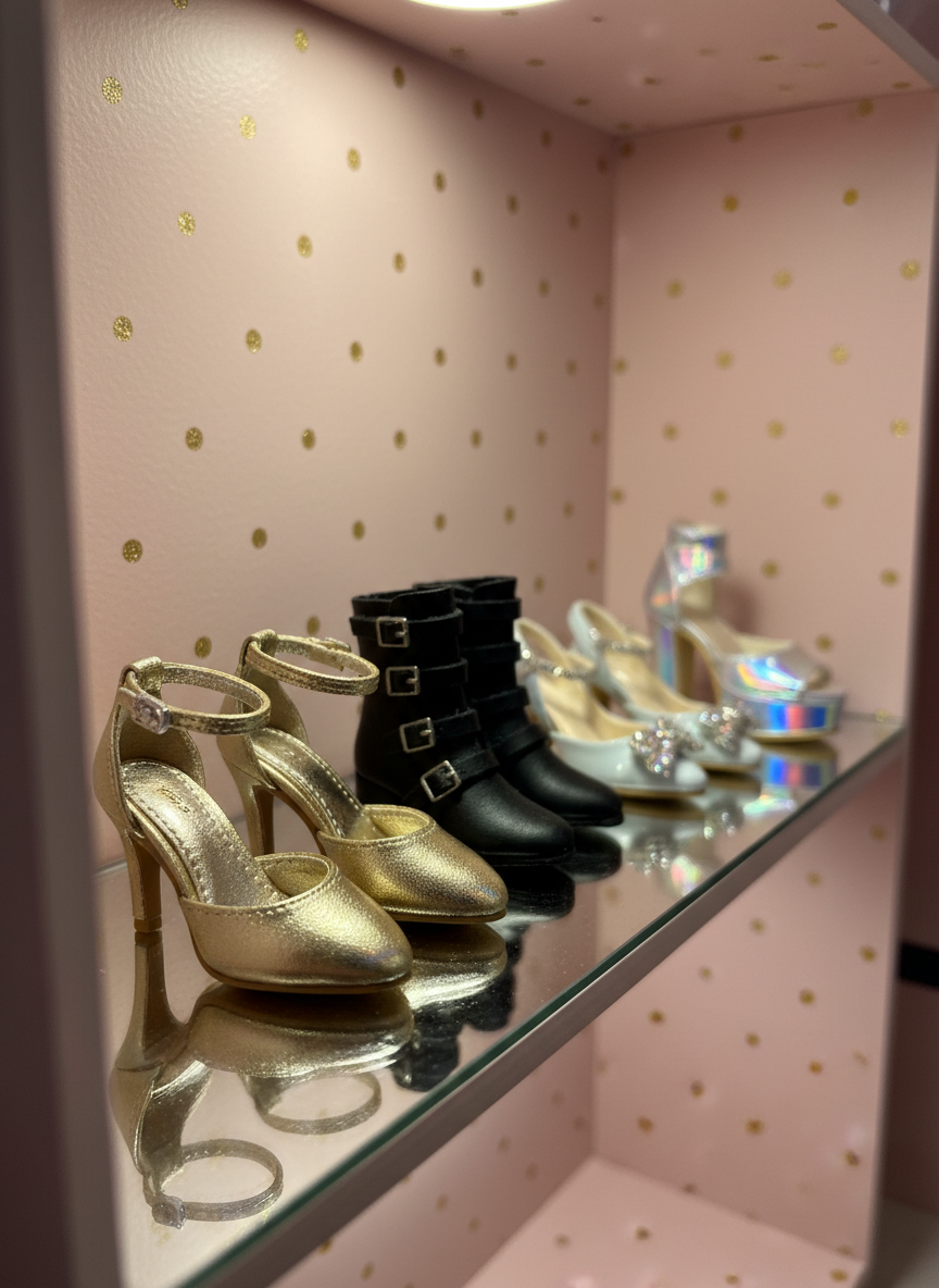 A row of exquisite miniature shoes lined up on a doll-sized mirrored shelf, each pair a different couture style: metallic gold stilettos with ankle straps, matte black boots with silver micro-buckles, pastel slingbacks with crystal bows, and holographic platform sandals. The mirror reflects their undersides, revealing tiny sculpted soles and delicate stitching. The shelf is part of a tiny walk-in closet scene with pale blush walls and faint gold polka dots. Warm, directional spotlighting from above creates sparkling highlights on the shoes and soft reflections below. Captured from a low, side-on angle at shoe level, the composition uses the rule of thirds and a shallow depth of field to keep the front pair razor-sharp while the rest recede into a playful, luxurious blur.